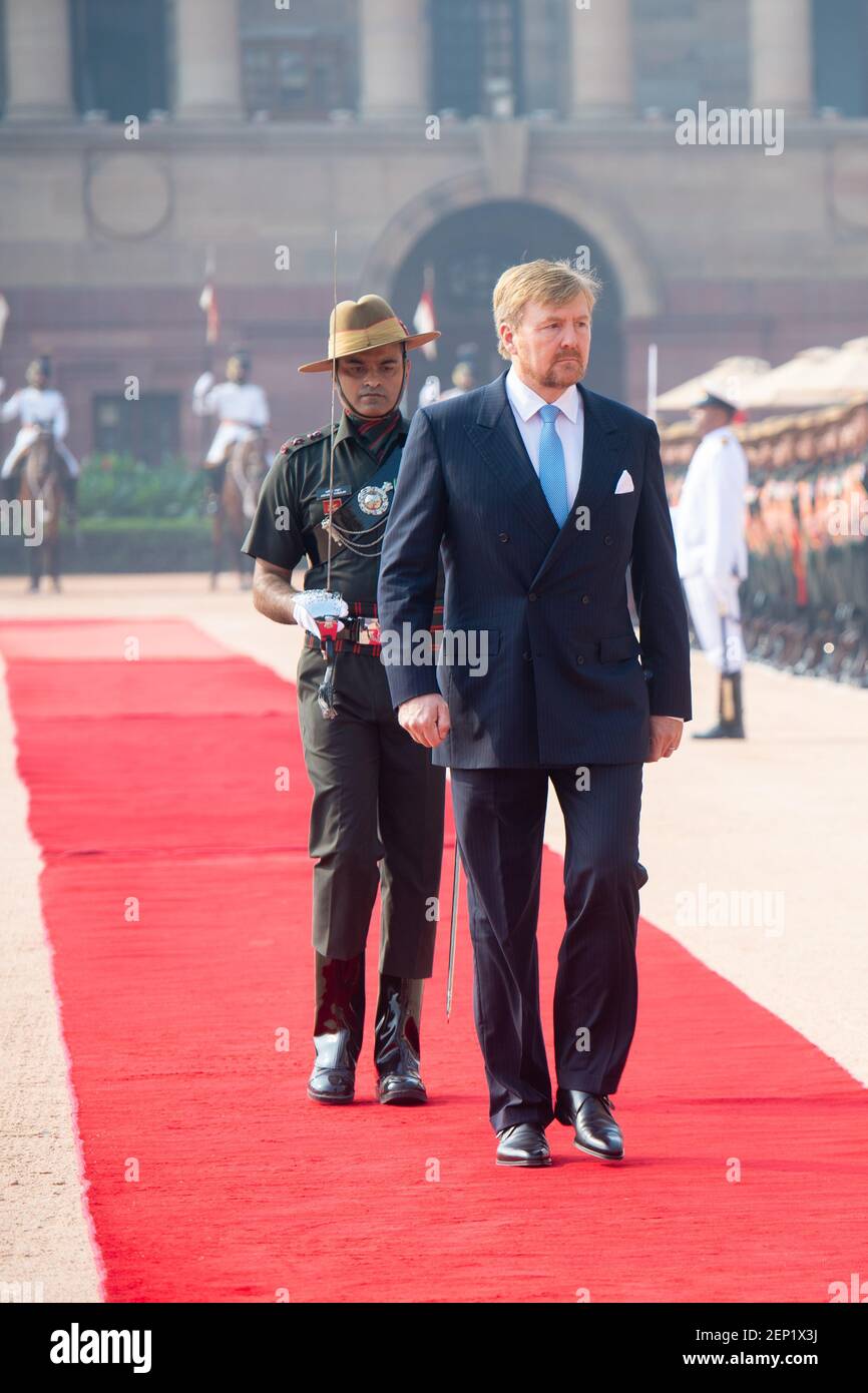 King Willem-Alexander and Queen Maxima with Prime Minister Narendra Modi and his wife during Welcome Ceremony at Rashttrapati Bhavan, Delhi, on the first official day of the 5 day State Visit to India. (Photo by DPPA/Sipa USA) Stock Photo