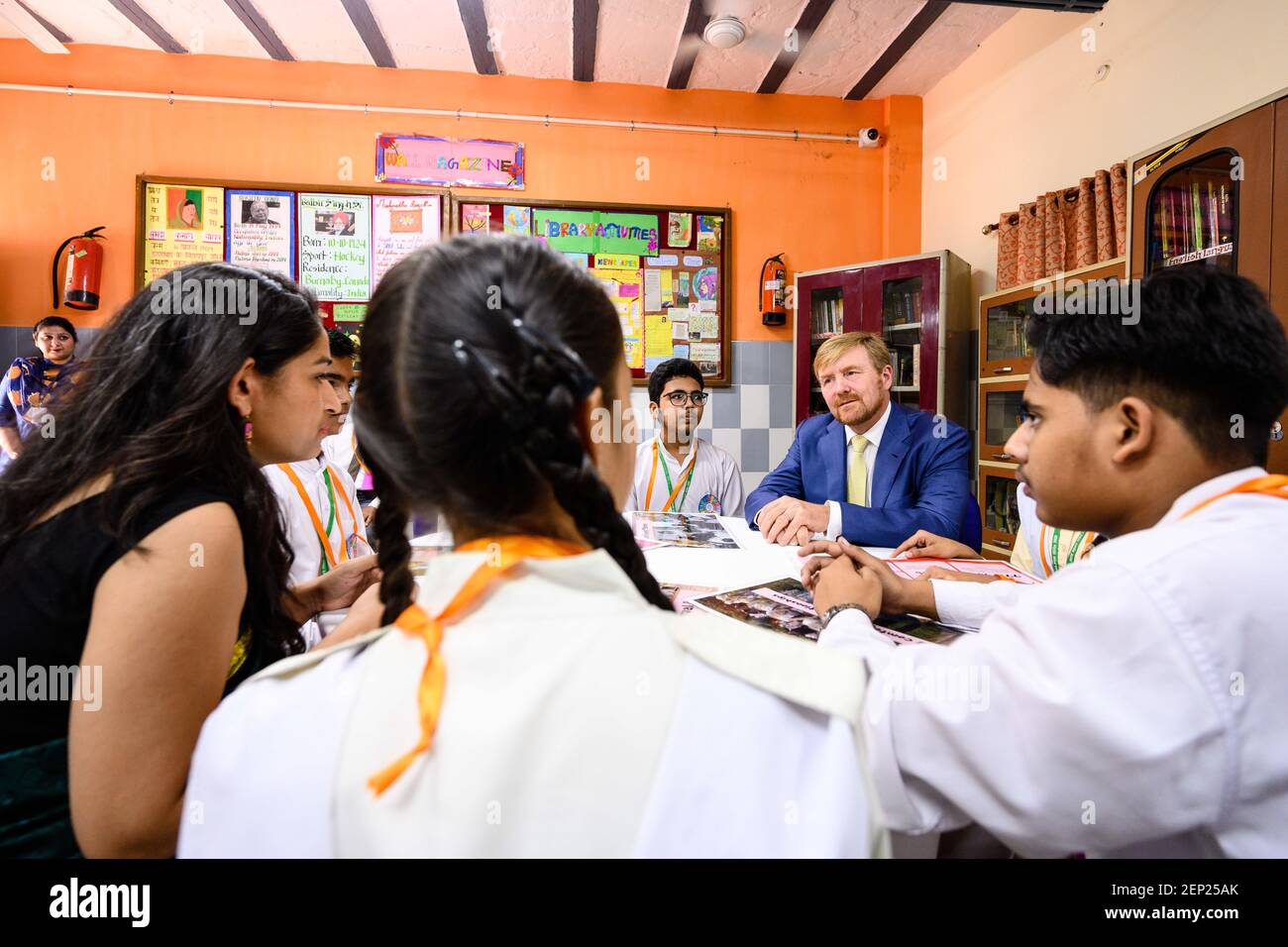 King Willem-Alexander and Queen Maxima of the Netherlands visit 'Go-Girls-Go' at Rajkiya Pratibha Vikas Vidyalaya (RPVV Nand Nagri) school in Delhi, India, on the second of their State Visit to India. (Photo by DPPA/Sipa USA) Stock Photo