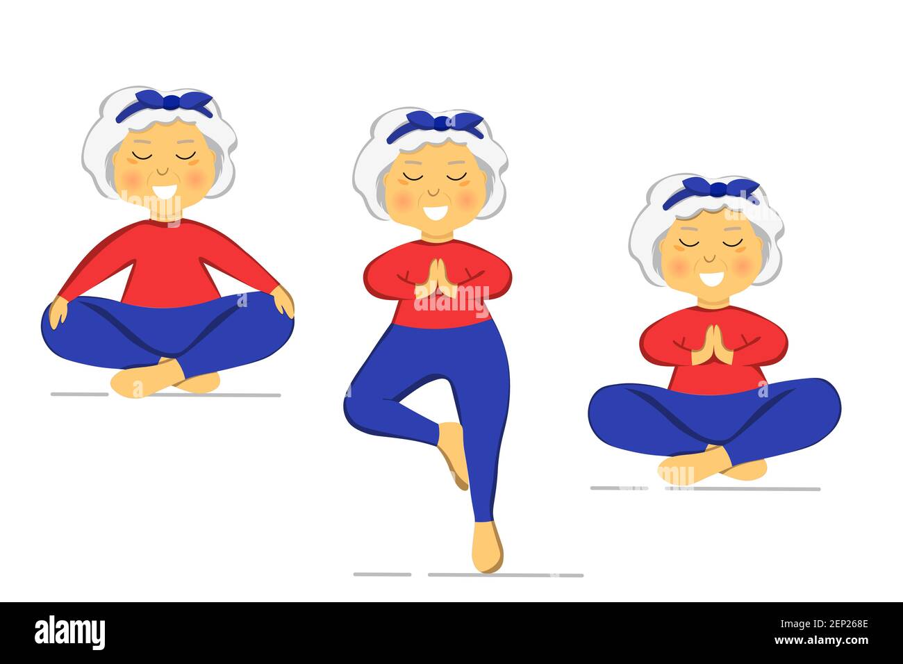 Sporty Granny does Yoga. Old person. Vector colorful cartoon illustration. Senior woman in pose yoga. Exercising for better health. Isolated flat Stock Vector