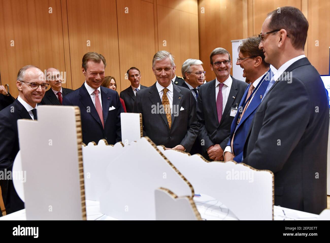 Grand Duke Henri of Luxembourg, King Philippe - Filip of Belgium, FEB-VBO President Bernard Gilliot and Besix CEO Rik Vandenberghe pictured during a seminar on the third and last day of a State Visit of the Belgian royal couple to the Grand Duchy of Luxembourg, Thursday 17 October 2019. (PHOTO by DIRK WAEM/BELGA/Sipa USA) Stock Photo