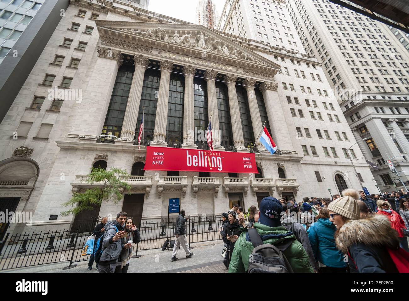 The New York Stock Exchange in Lower Manhattan in New York on Thursday,  October 17, 2019 is decorated with a banner for the BellRing Brands initial  public offering. BellRing Brands is a
