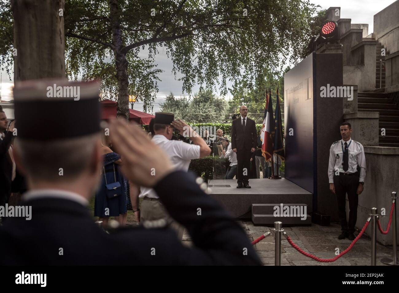 BELGRADE, SERBIA - JULY 12, 2019: Selective blur on Frederic Mondolini, French ambassador to Serbia, facing police and army doing the french military Stock Photo