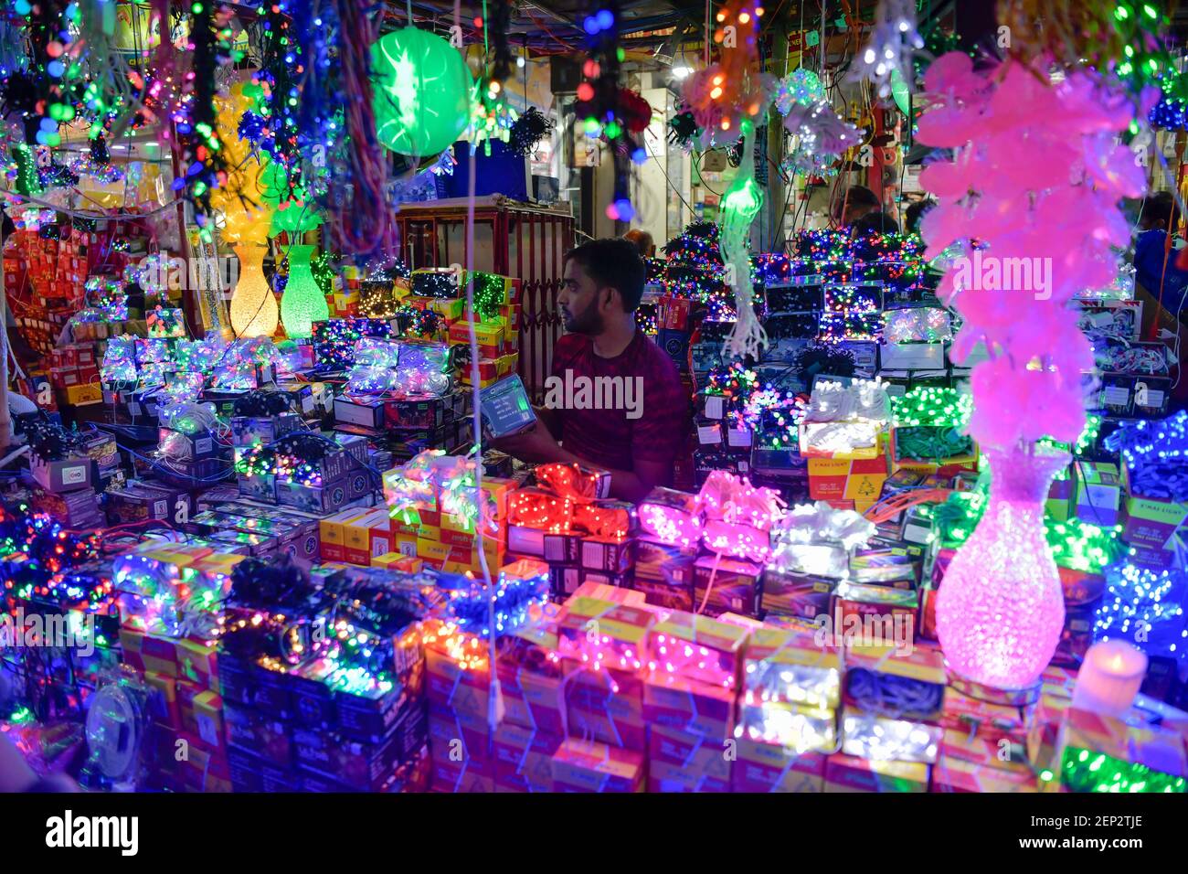 Decorations lights and lamps hang at roadside stall ahead of Diwali ...