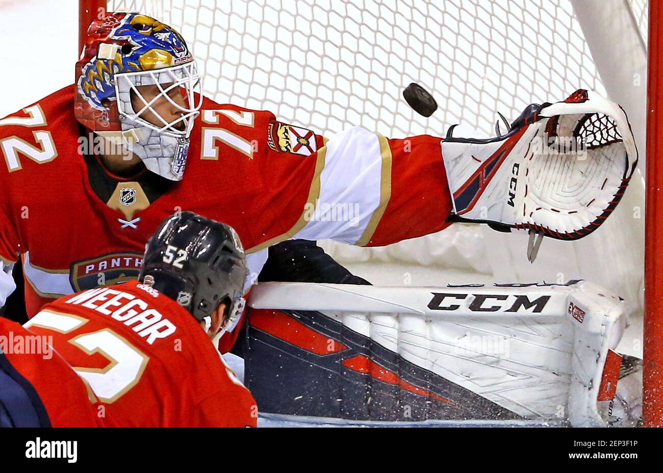 Florida Panthers goalie Sergei Bobrovsky (72) is unable to stop a shot by the Pittsburgh Penguins' Patric Hornqvist during the third periodÂ at the BB&T Center in Sunrise, Fla., on Tuesday, Oct. 22, 2019. The Panthers won, 4-2. (David Santiago/Miami Herald/TNS) Stock Photo
