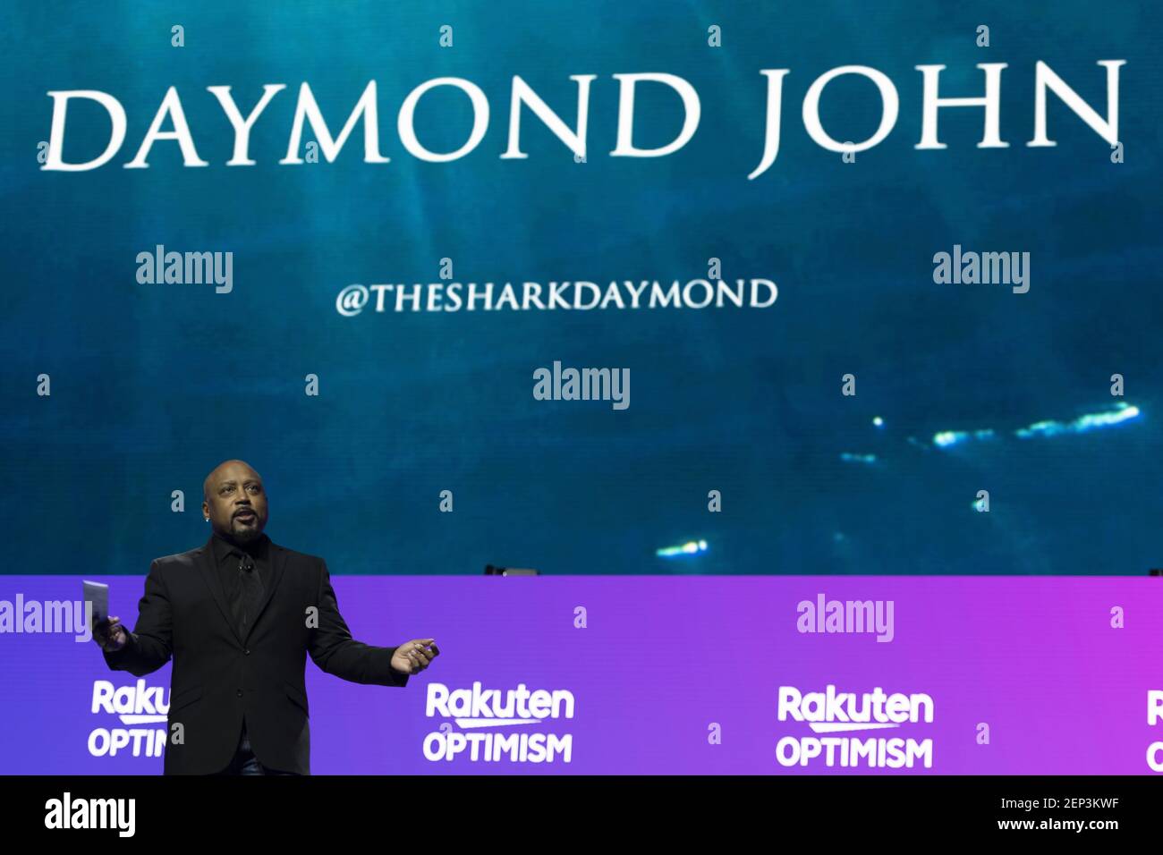 Daymond John, the founder, president, and CEO of FUBU, speaks at