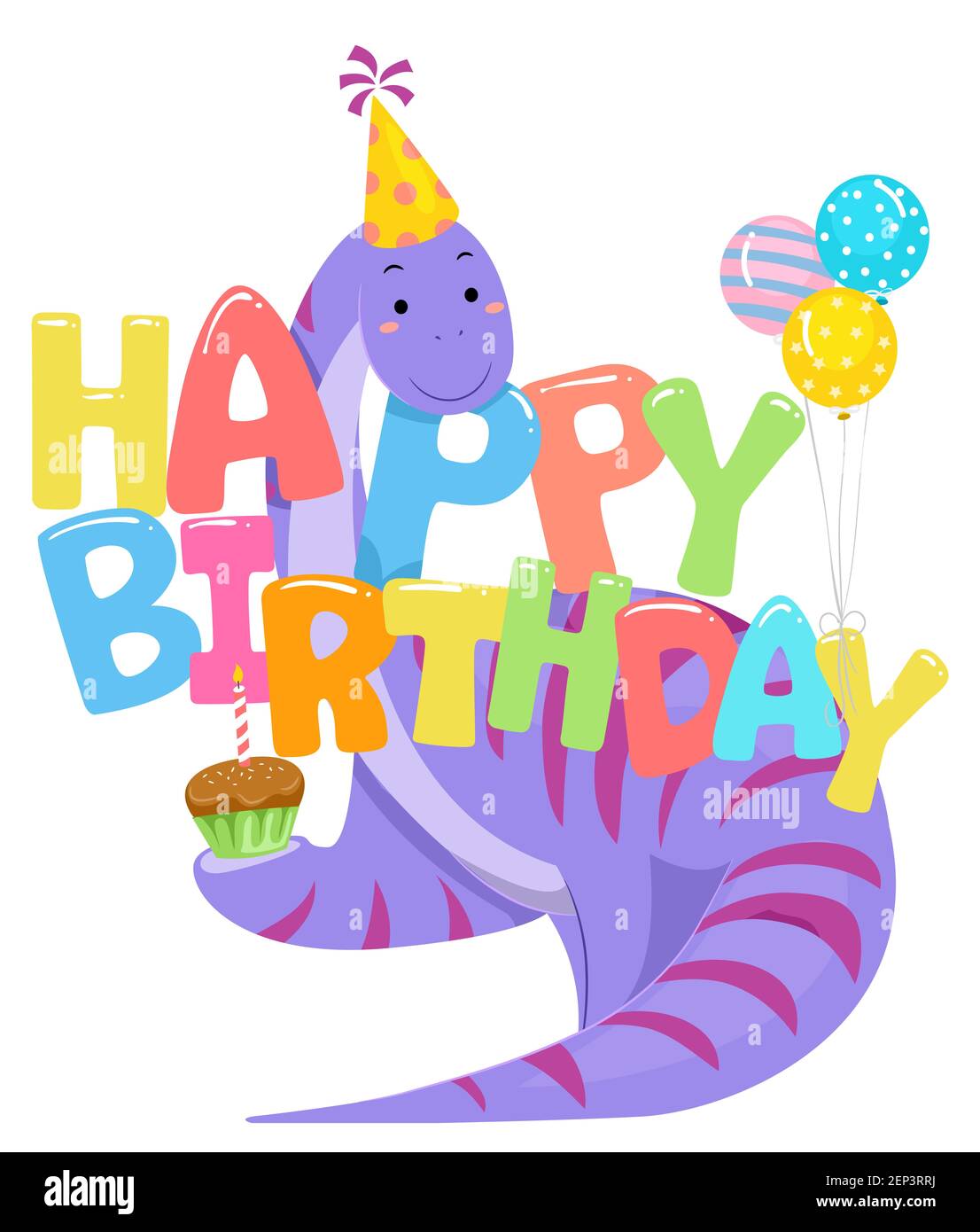 Illustration of a Brontosaurus Dinosaur with Birthday Hat, Cupcake and Balloons with Happy Birthday Lettering Stock Photo
