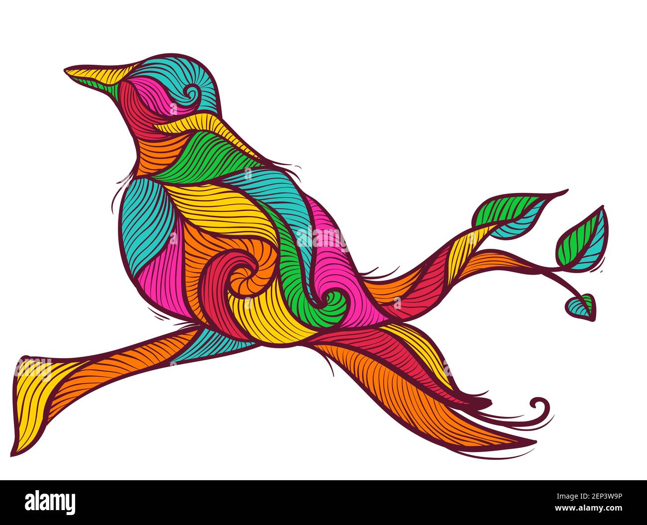 Colorful Line Art Illustration of a Bird on Branch Stock Photo