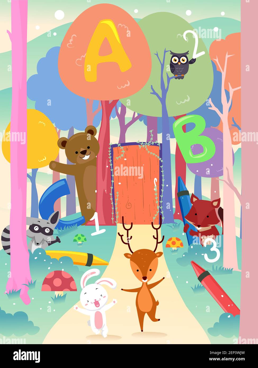 Illustration of Forest Animals Welcoming by the Door with ABC and 123 Stock Photo