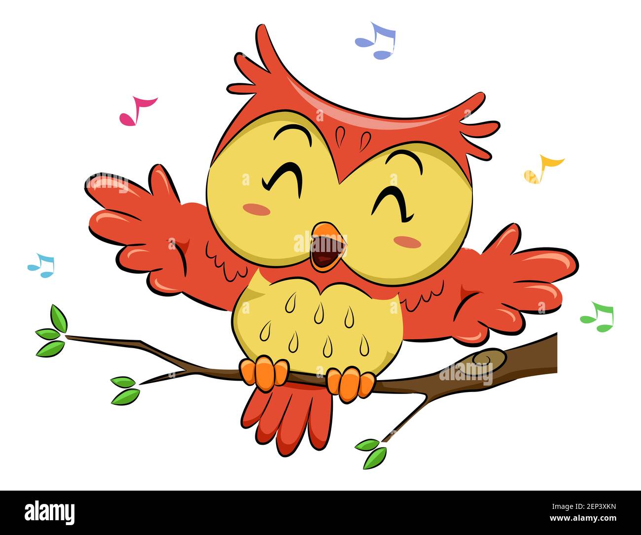 Illustration of an Owl Flapping Its Wings on a Branch and Dancing to Music Stock Photo