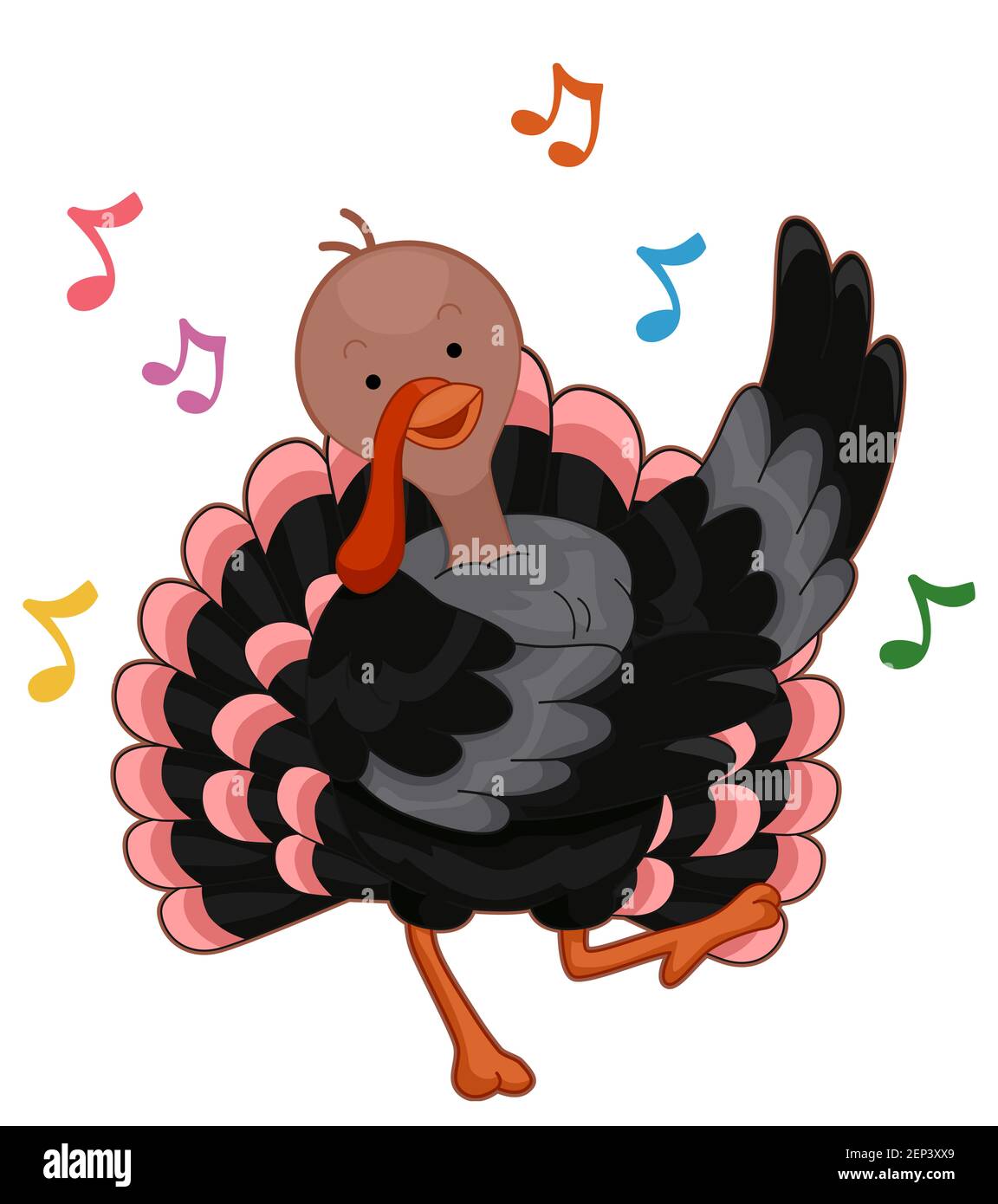 Illustration of a Turkey Mascot with a Wing Up Dancing to Music Stock Photo