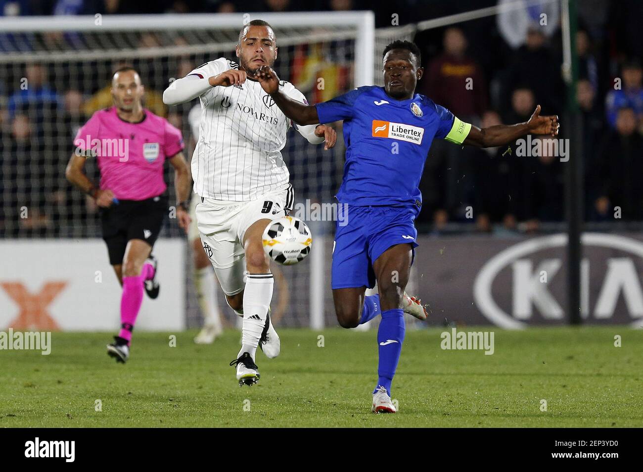 Getafe Cf S Djene Dakonam And Fc Basel S Arthur Cabral Are Seen In Action During The Uefa Europa League Match Between Getafe Cf And Fc Basel At The Coliseum Alfonso Perez In Madrid