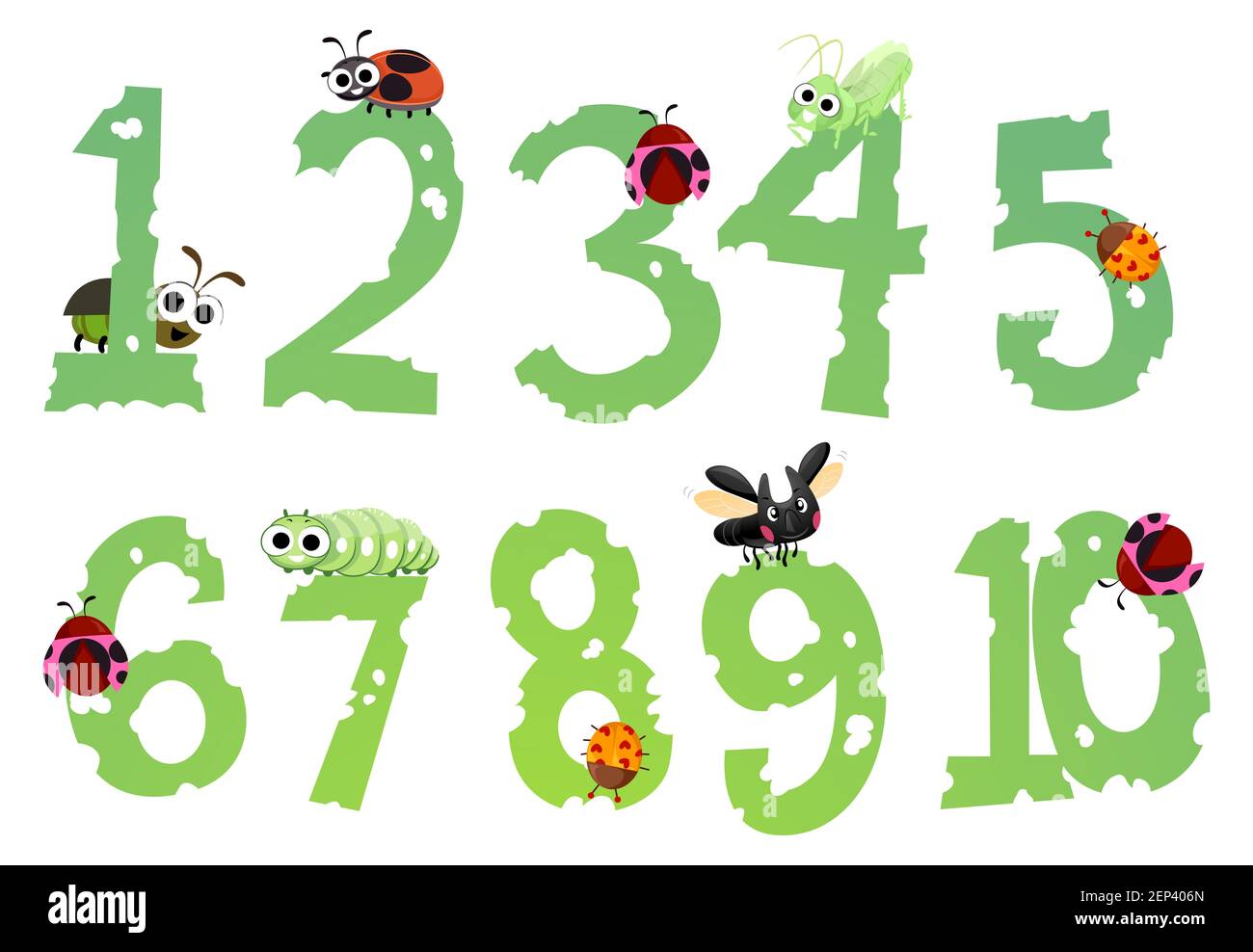 Illustration of Bugs From Lady Bug, Grasshopper, Beetle on Leaves Shaped as Numbers from One to Ten Stock Photo
