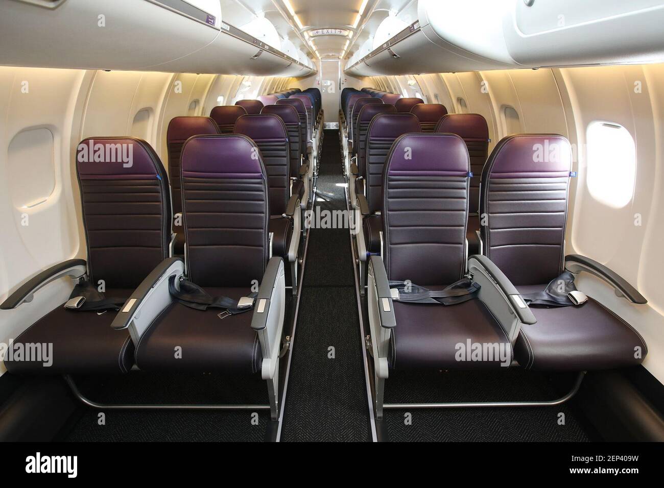Two-tone purple seats mark the United Economy Plus seating aboard the new United  Airlines Bombardier CRJ-550 regional jet at Chicago O'Hare International  Airport in Chicago on October 24, 2019. (Photo by Stacey, image size:1300x956