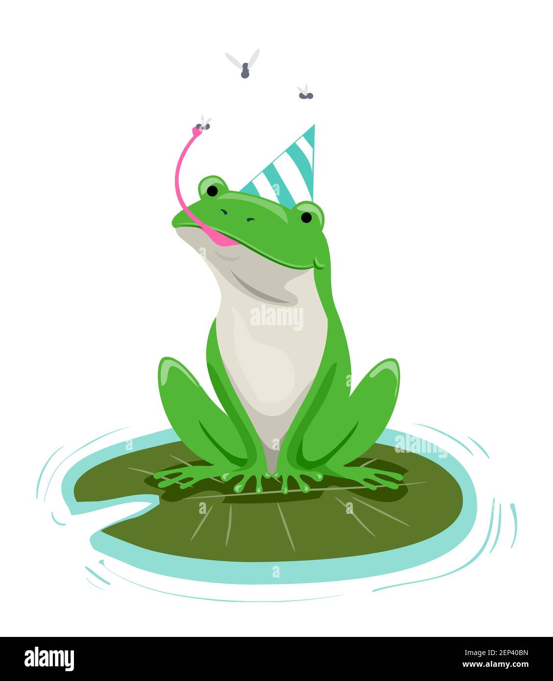 Illustration of a Frog Sitting on a Lily Pad, Catching Insect and Wearing a Birthday Hat Stock Photo