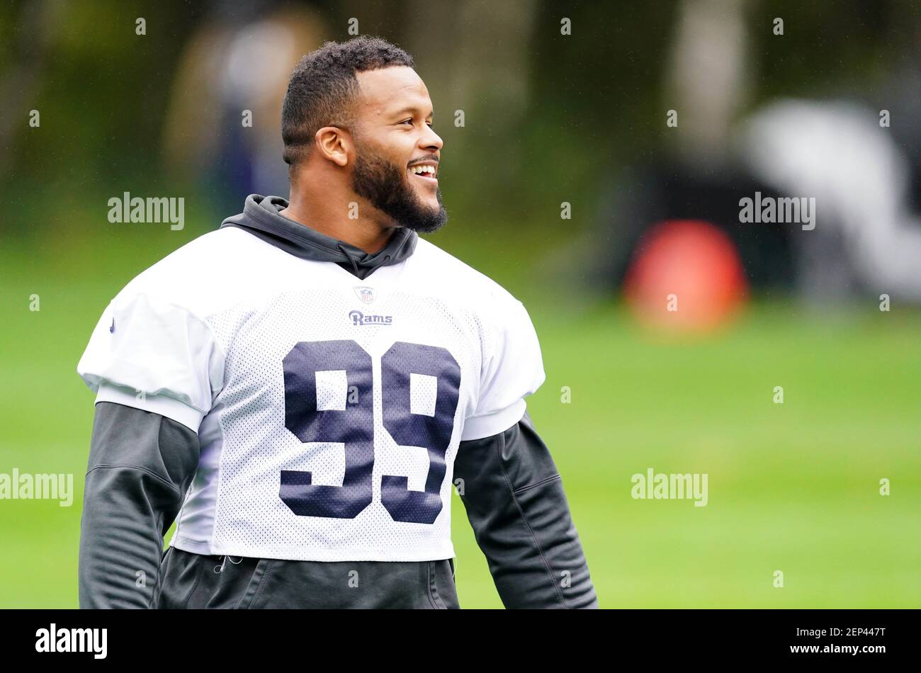 Oct 25, 2019; Watford, United Kngdom; Los Angeles Rams defensive tackle Aaron Donald (99) during practice at at The Grove. Mandatory Credit: Kirby Lee-USA TODAY Sports/Sipa USA Stock Photo