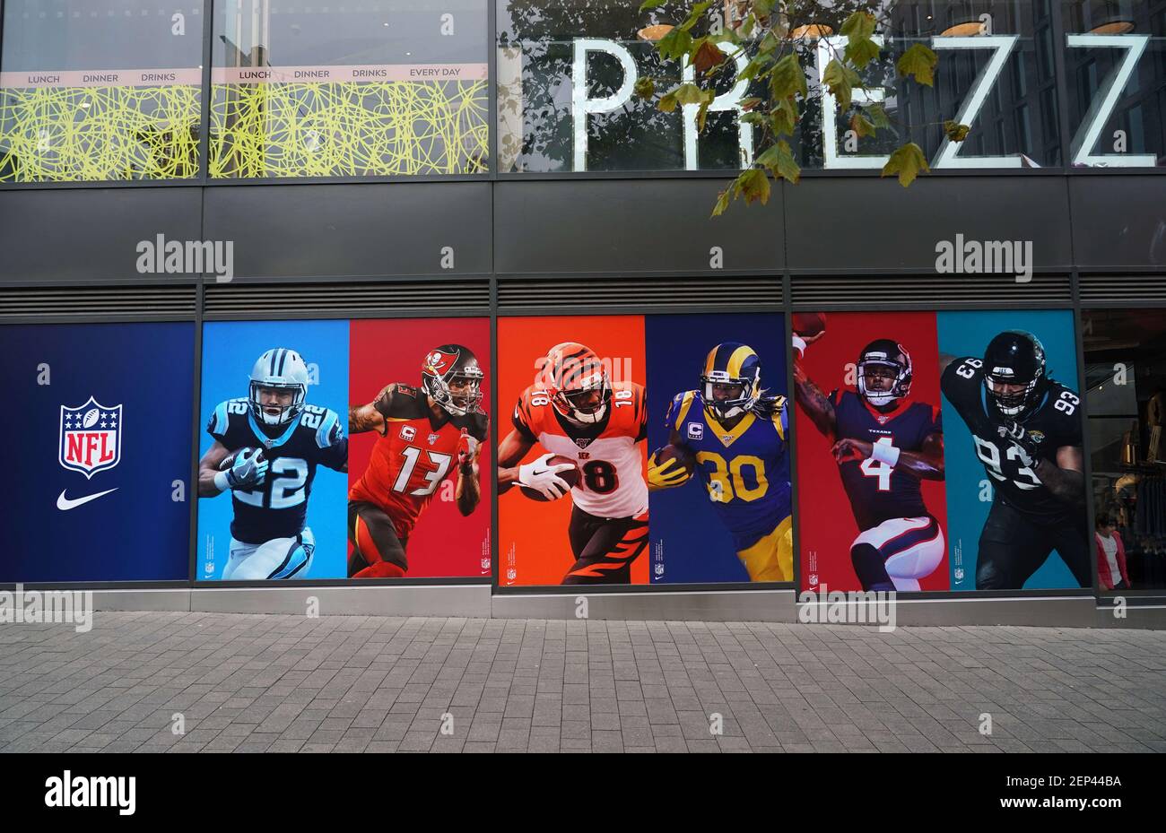 Oct 25, 2019; London, United Kingdom; General overall view of Nike banners  featuring Carolina Panthers running back Christian McCaffrey (22), Tampa  Bay Buccaneers receiver Mike Evans (13), Cincinnati Bengals wide receiver  A.J.