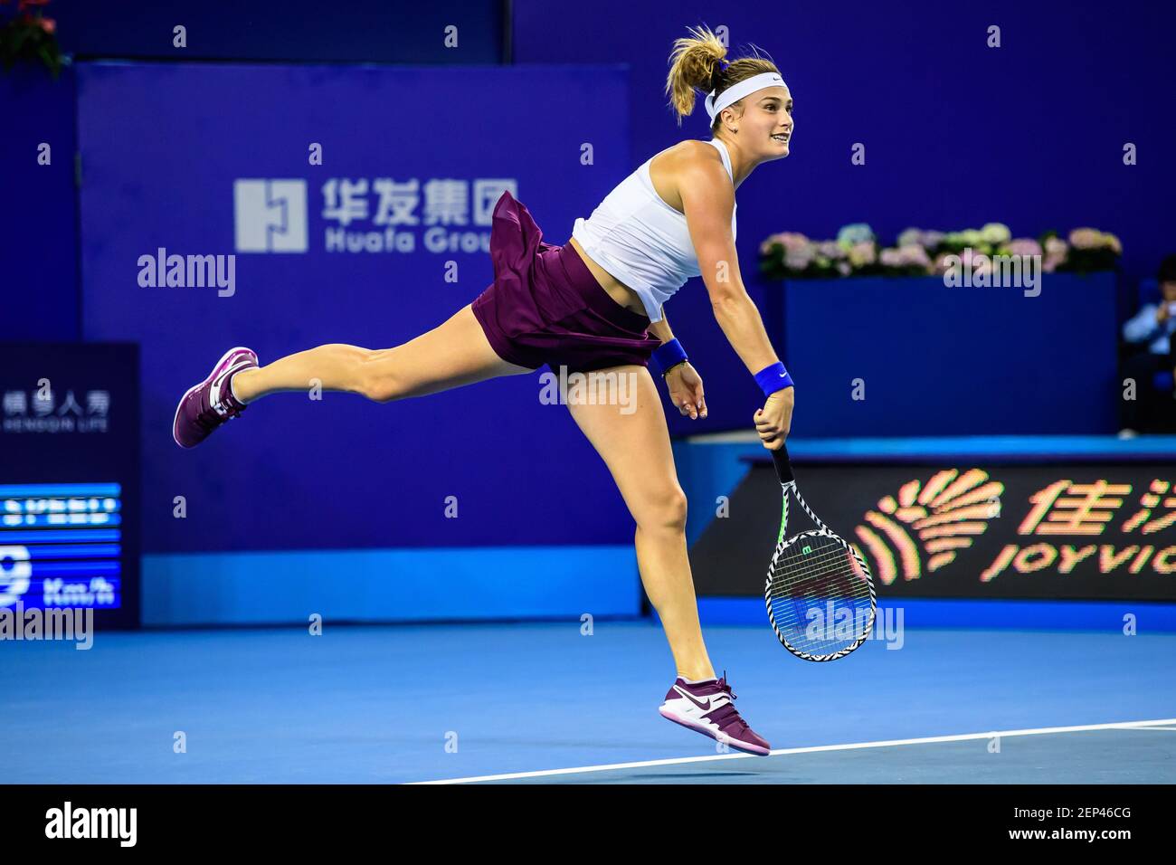 Aryna Sabalenka of Belarus gets the ball against Elise Mertens of