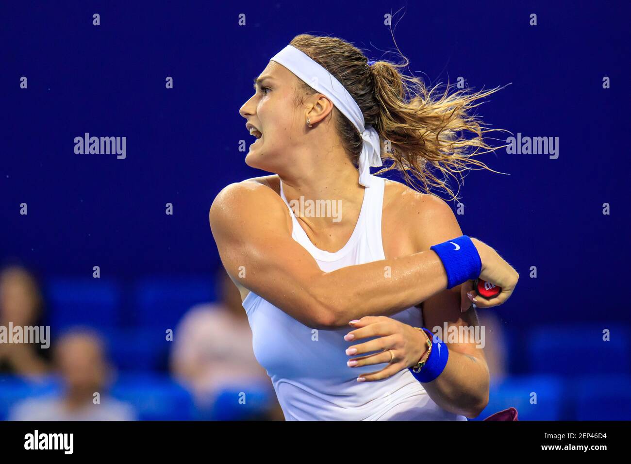 Aryna Sabalenka of Belarus gets the ball against Elise Mertens of