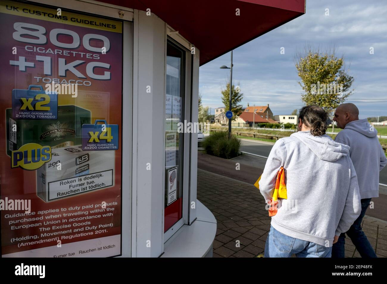 Illustration picture shows tobacco shops near the Belgium French border,  Saturday 26 October 2019, in Adinkerke. These shops attract a lot of UK  cumstomers as the price for cigarettes and tobacco is