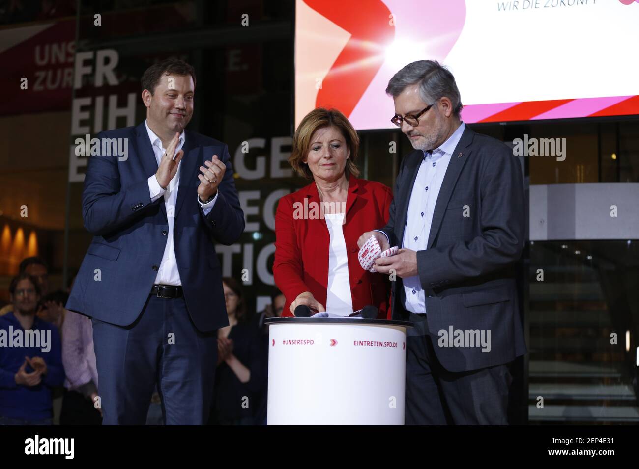 (10/26/2019) The SPD members elect Federal Finance Minister Olaf Scholz and Klara Geywitz just ahead of Norbert Walter-Borjans and Saskia Esken for the SPD presidency. The race for the SPD presidency goes into the runoff election in November: the two candidates will then be elected at the party congress. (Photo by Simone Kuhlmey/Pacific Press/Sipa USA) Stock Photo
