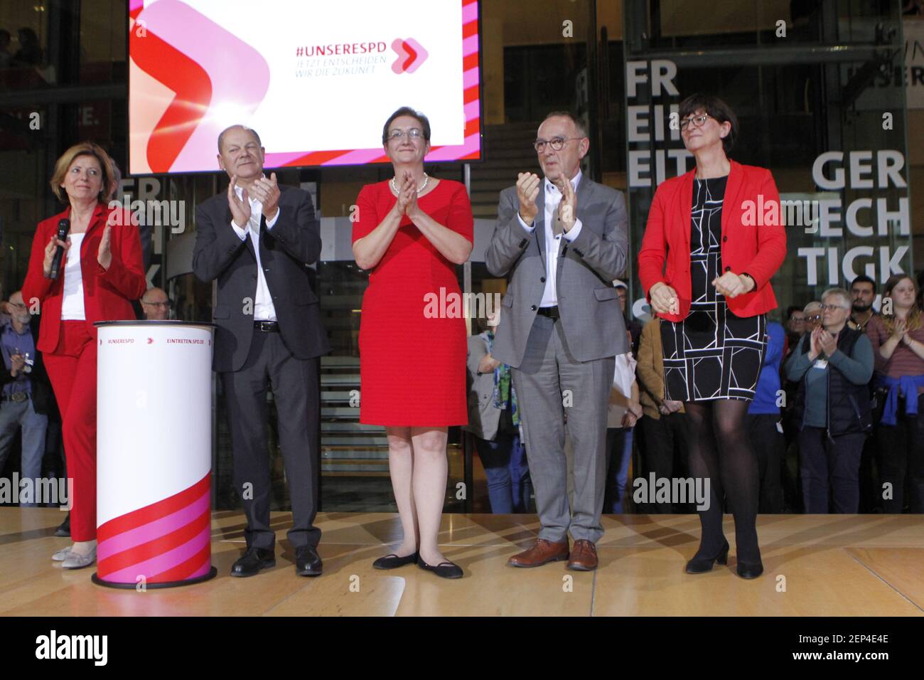 (10/26/2019) The SPD members elect Federal Finance Minister Olaf Scholz and Klara Geywitz just ahead of Norbert Walter-Borjans and Saskia Esken for the SPD presidency. The race for the SPD presidency goes into the runoff election in November: the two candidates will then be elected at the party congress. (Photo by Simone Kuhlmey/Pacific Press/Sipa USA) Stock Photo