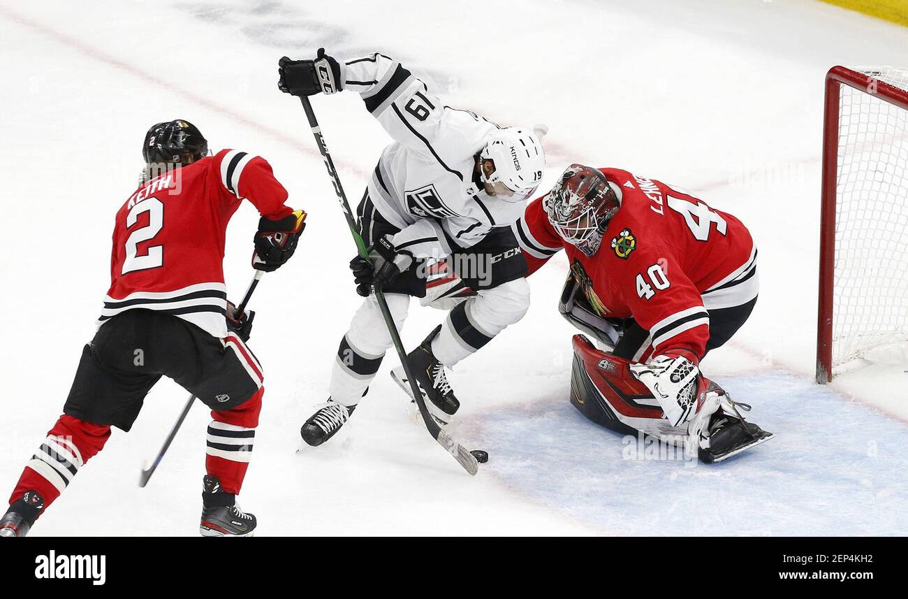 Los Angeles Kings left wing Alex Iafallo (19) tries to score on Chicago Blackhawks goaltender Robin Lehner (40) during the third period on Sunday, Oct. 27, 2019 at the United Center in Chicago, Ill. Lehner (40) stopped 38 shots on goal. The Blackhawks won 5-1. (Stacey Wescott/Chicago Tribune/TNS) Stock Photo