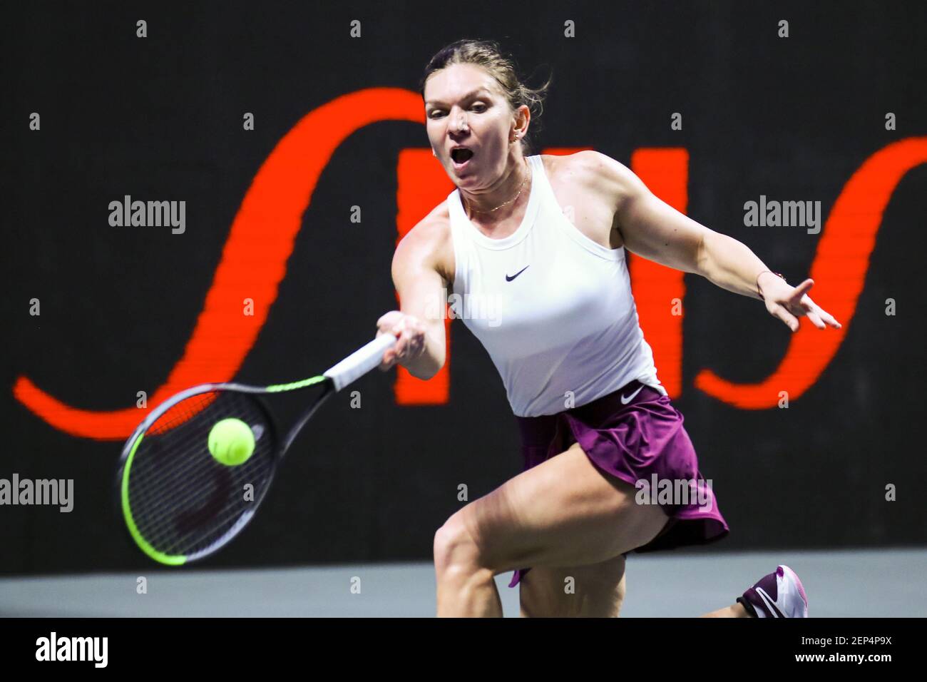 Romanian professional tennis player Simona Halep competes against Canadian  professional tennis player Bianca Andreescu during a