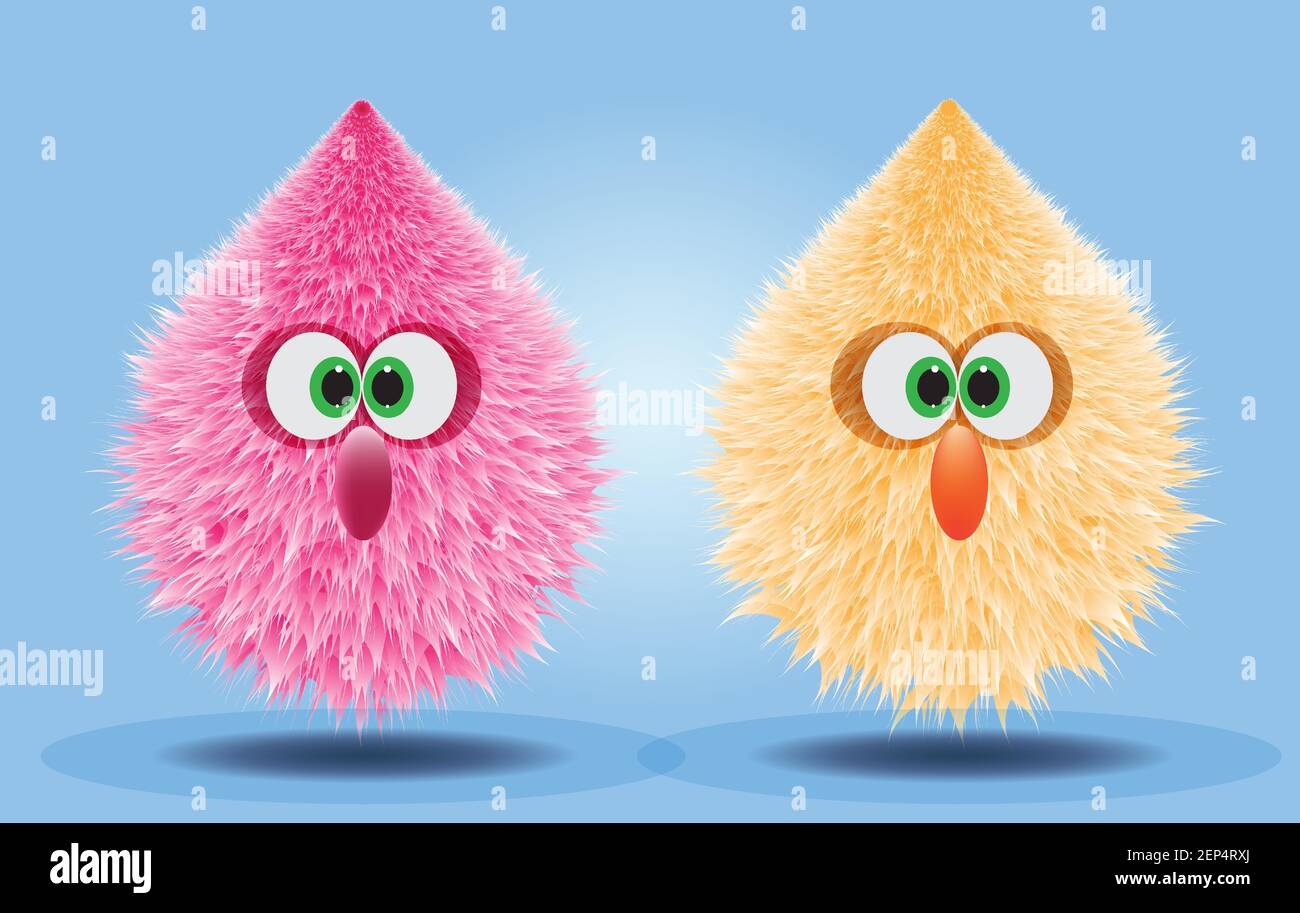 Fluffy and furry pompons in pink and orange yellow color on blue background for toy, presentation, party, fun object Stock Vector