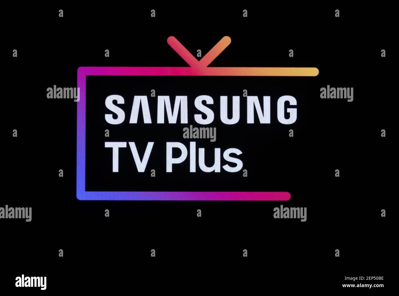 Samsung TV Plus logo is seen during Samsung Developer Conference in San Jose, California on October 29, 2019. (Photo by Yichuan Cao/Sipa USA) Stock Photo