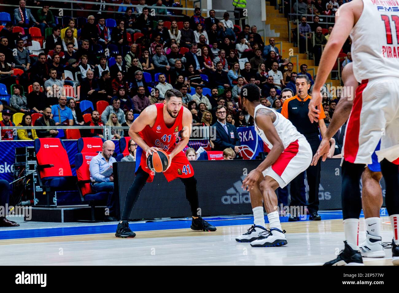 Nikita Kurbanov, #41 of CSKA Moscow seen in action against Olympiacos  Piraeus during the Turkish Airlines Euroleague fifth round game of the  2019-2020 season. (Final Score; CSKA Moscow 79:84 Olympiacos Piraeus) (Photo