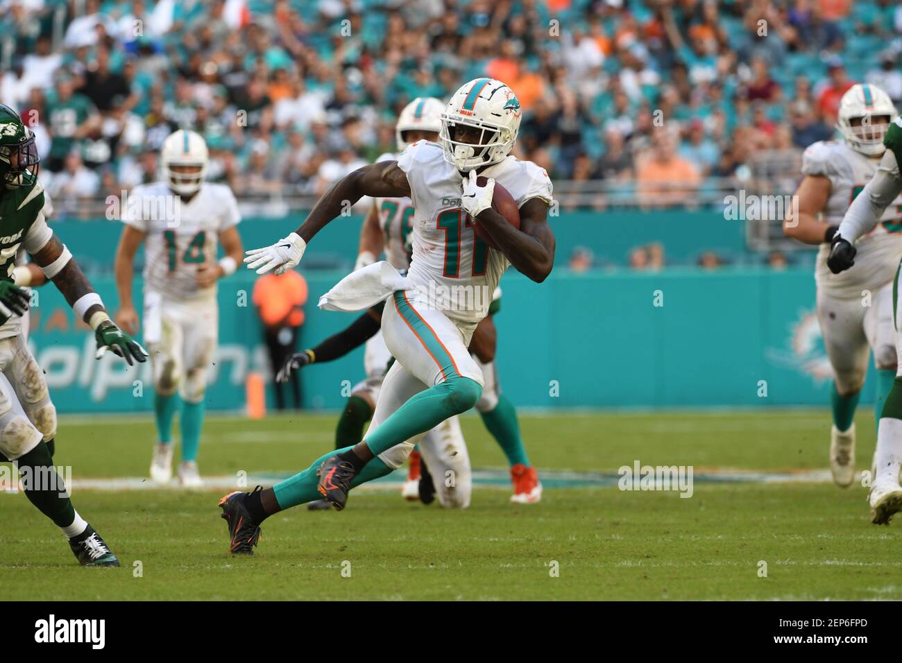 Miami Gardens, Florida, USA. 13th Oct, 2019. Miami Dolphins wide receiver  DeVante Parker (11) celebrates after scoring a touchdown against the  Washington Redskins during an NFL football game at the Hard Rock