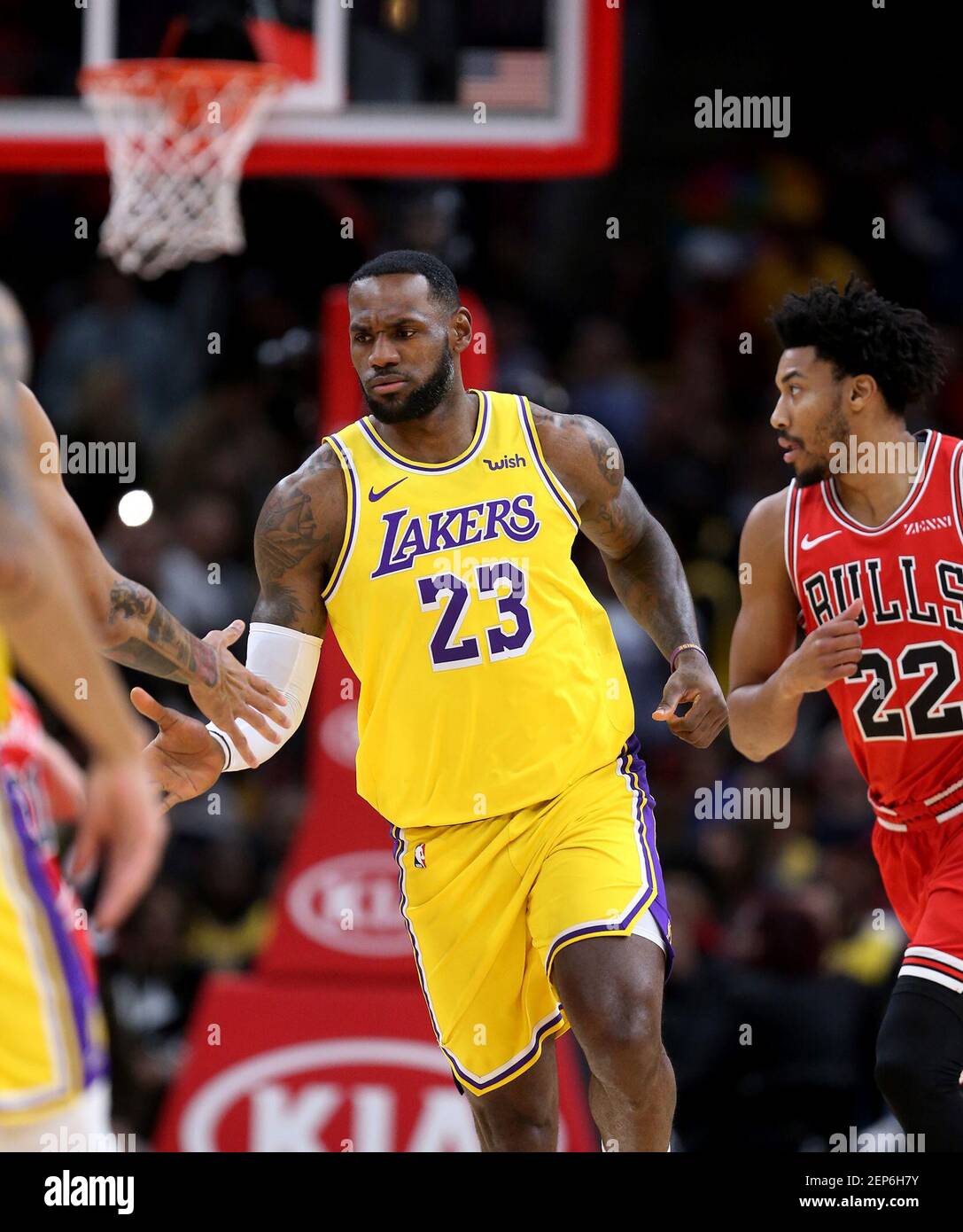 The Los Angeles Lakers LeBron James 23 Is Congratulated After A Dunk the-los-angeles-lakers-lebron-james-23-is-congratulated-after-a-dunk
