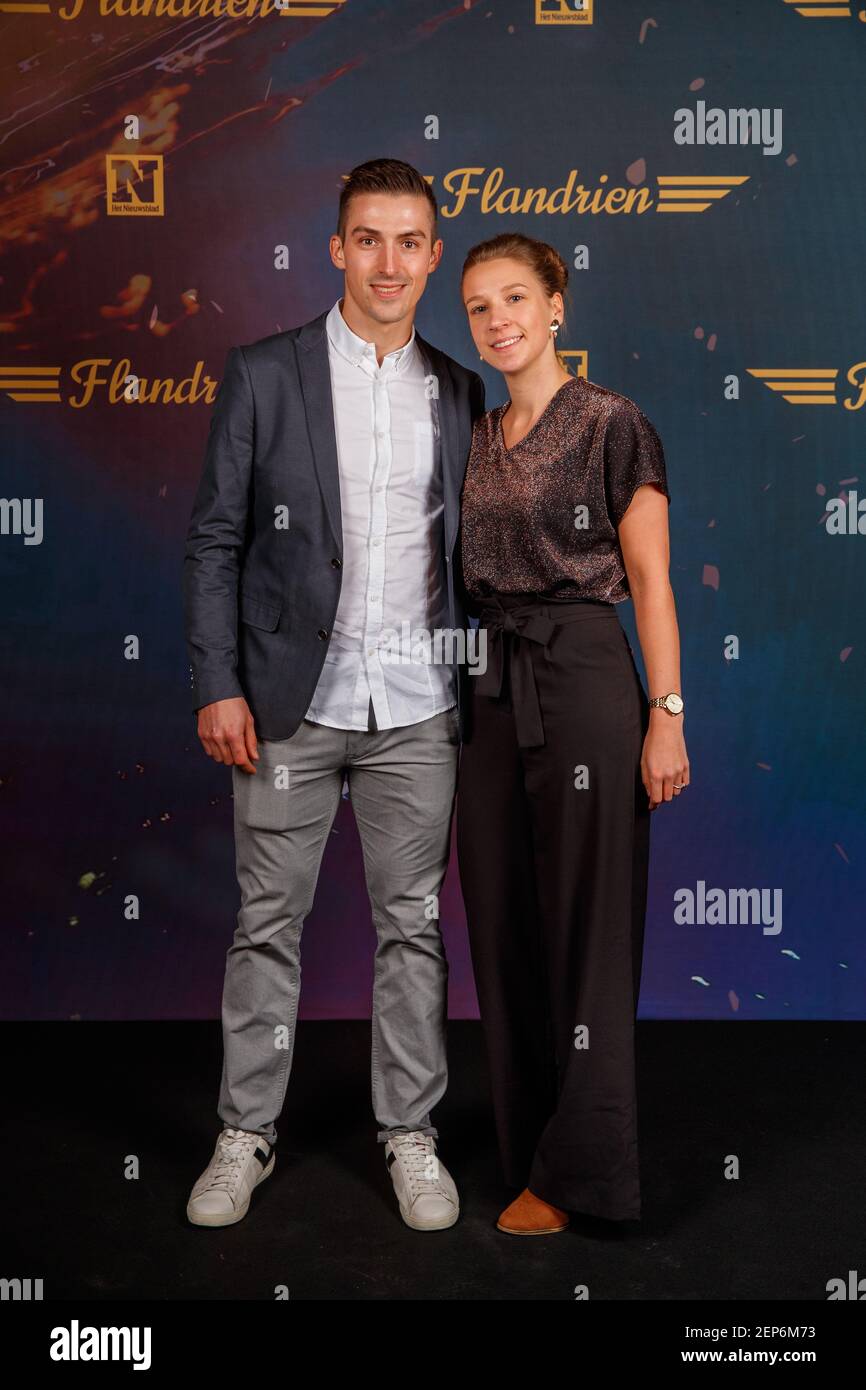 Broes Michiel and his partner Jolien Vleugels pictured on the red carpet,  at the arrival for the 'Gala van de Flandrien 2019' award ceremony for the  best Belgian cyclist of the 2019