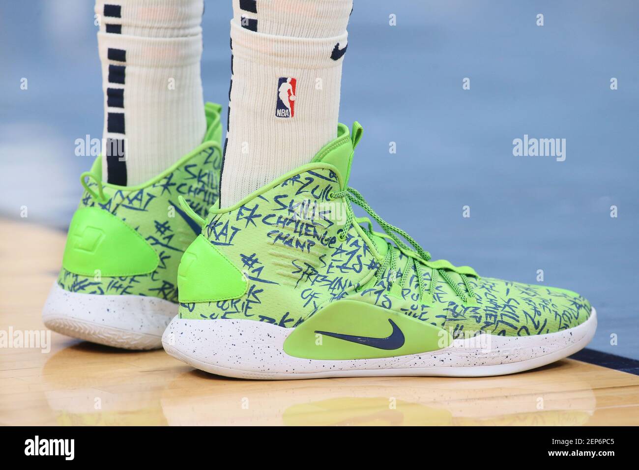 Nov 6, 2019; Memphis, TN, USA; Shoes worn by Minnesota Timberwolves center Karl  Anthony Towns during the game against the Memphis Grizzlies at FedExForum.  Memphis won 137-121. Mandatory Credit: Nelson Chenault-USA TODAY