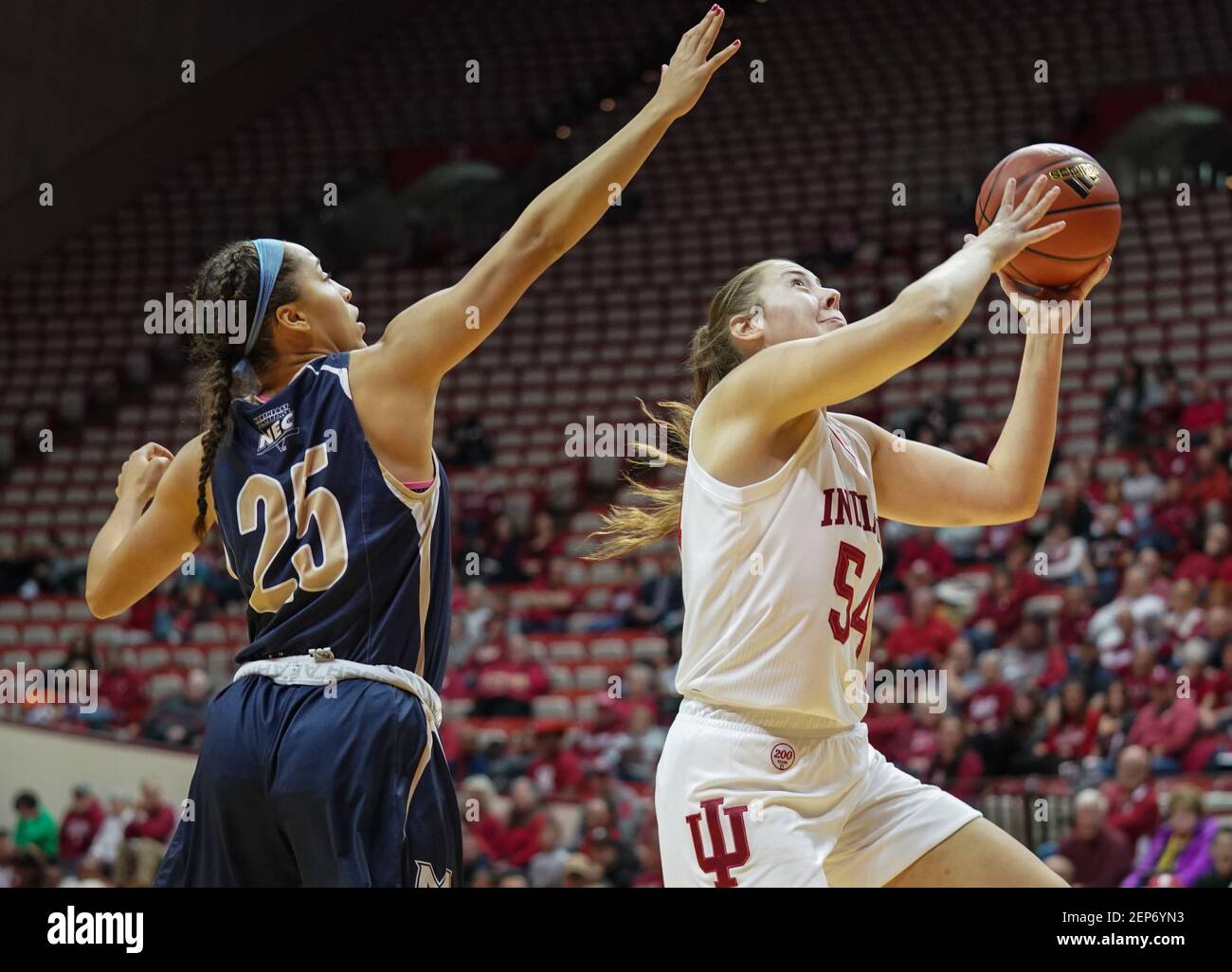 Indiana Hoosiers Mackenzie Holmes (54) plays against Taylor Addison (25)  during the NCAA Women's College Basketball game at Simon Skjodt Assembly  Hall in Bloomington. (Final Score; Indiana University 75:52 Mt. St. Mary's)  (