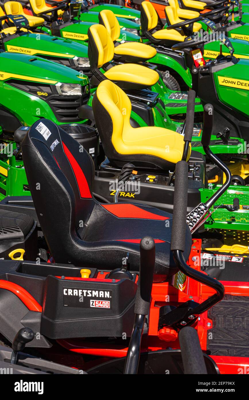 Riding mowers and lawn tractors on display at Lowe's Home Improvement in Snellville, Georgia. (USA) Stock Photo