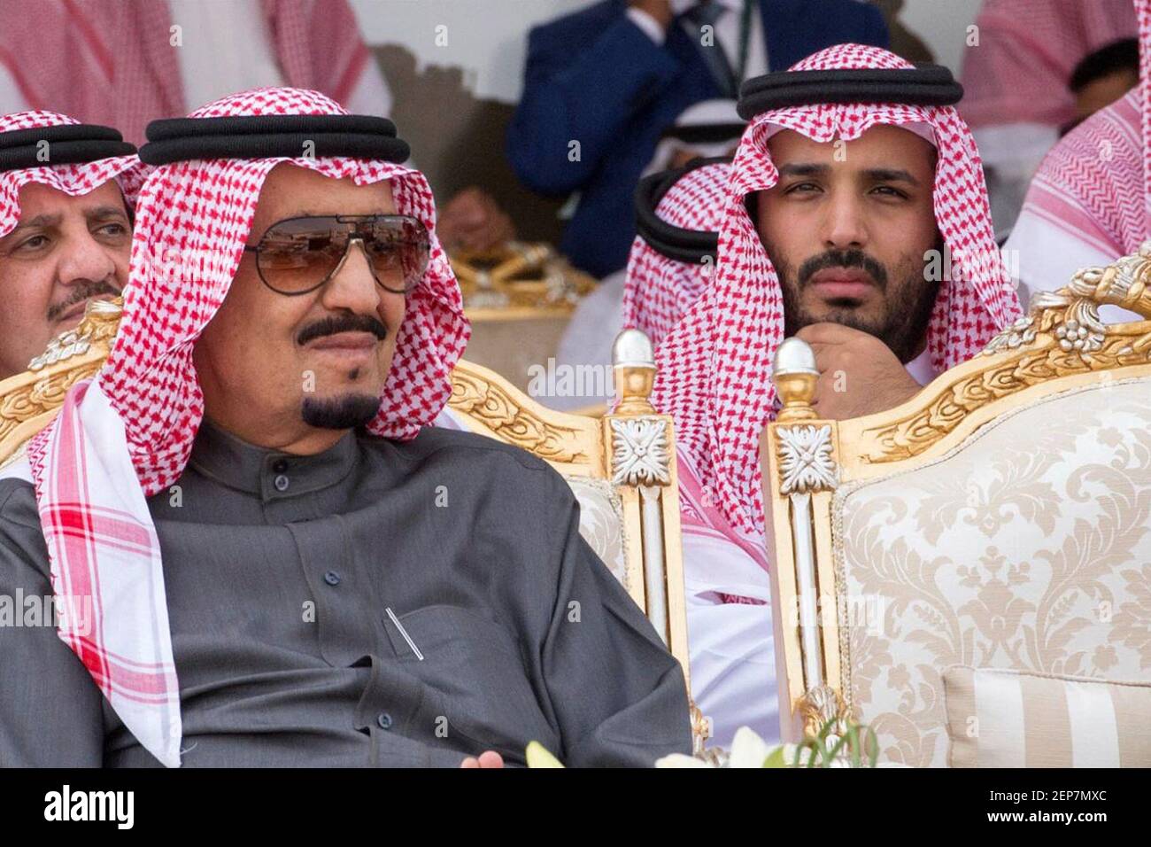 File photo dated March 11, 2016 L-R : King Salman Bin Abdul Aziz Al Saud, and his son Defense Minister Mohammed Bin Salman Al Saud attend military drill 'Northern Thunder' in Hafr Al Batin area, north of Saudi Arabia. A US intelligence report has found that Saudi Crown Prince Mohammed bin Salman approved the murder of exiled Saudi journalist Jamal Khashoggi in 2018. The report released by the Biden administration says the prince approved a plan to either 'capture or kill' Khashoggi. Photo by Balkis Press/ABACAPRESS. Credit: Abaca Press/Alamy Live News Stock Photo