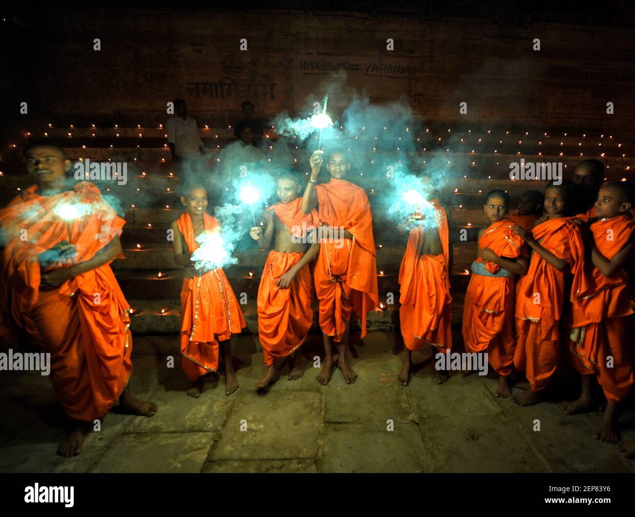 Indian Monk children play with Fireworks on the eve of Dev Deepavali in ...