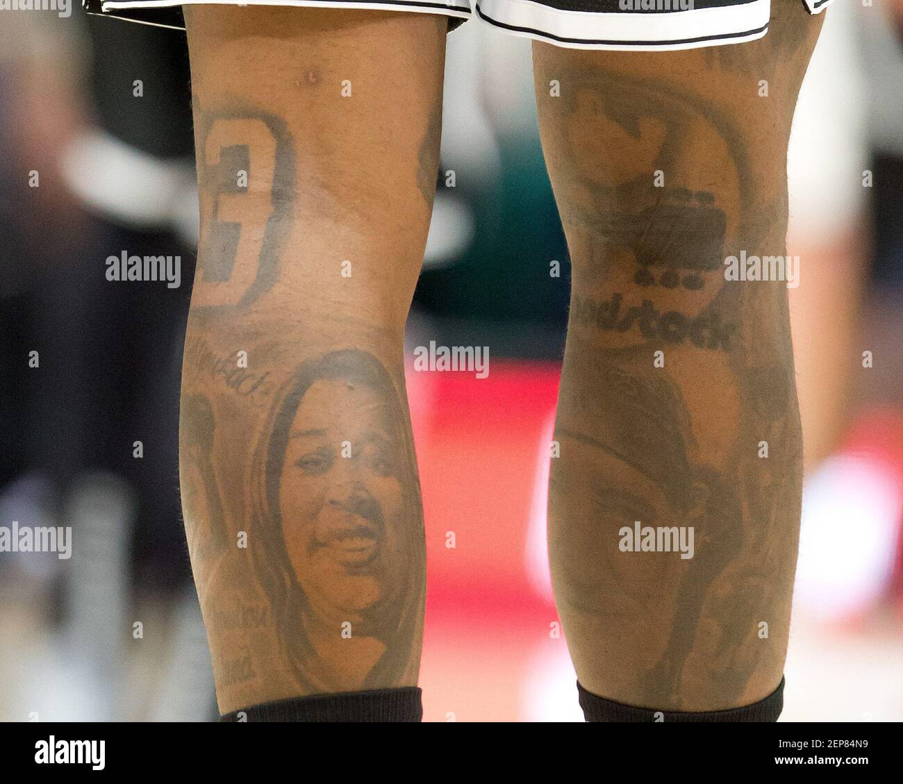 Nov 12, 2019; Salt Lake City, UT, USA; A detailed view of tattoos on the legs of Brooklyn Nets DeAndre Jordan (6) during the first half against the Utah Jazz