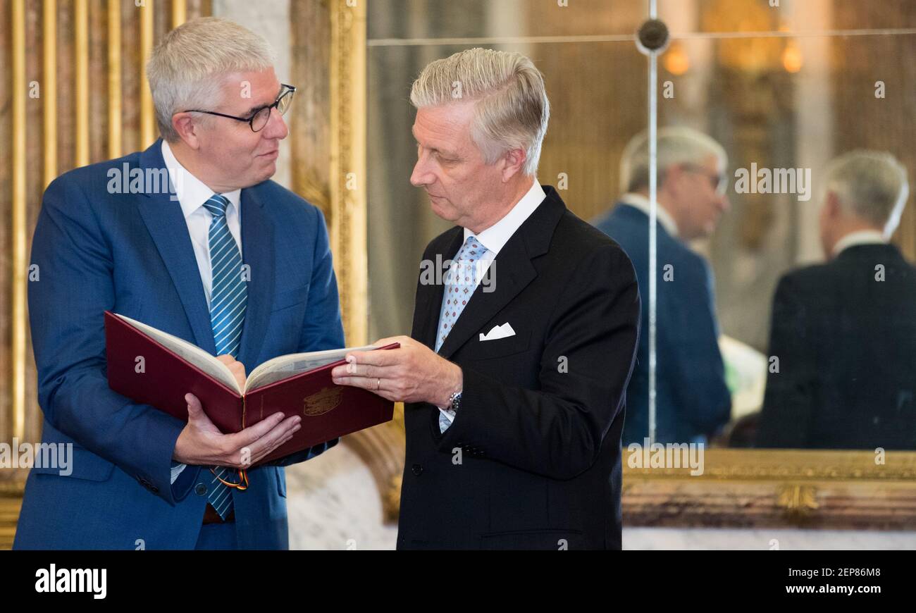 CEO of VBO-FEB (Federation of Belgian Enterprises) Pieter Timmermans and King Philippe - Filip of Belgium pictured during a royal reception for people who have been bestowed with the grace of nobility, on Wednesday, November 13, 2019, at the Royal Palace in Brussels, Belgium. (Photo by BELGA PHOTO/BENOIT DOPPAGNE/Sipa USA) Stock Photo