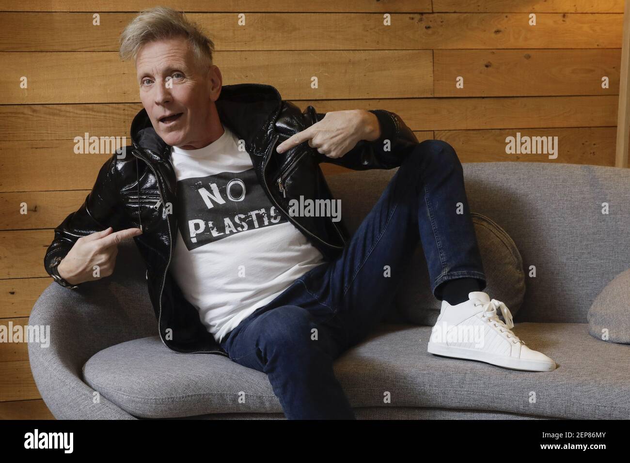 Singer Plastic Bertrand aka Roger Jouret poses for the photographer during an interview at radio station Nostalgie, on the 30th anniversary of the New Beat music genre on Wednesday, November 13, 2019 in Brussels, Belgium. (Photo by BELGA PHOTO/THIERRY ROGE/Sipa USA) Stock Photo