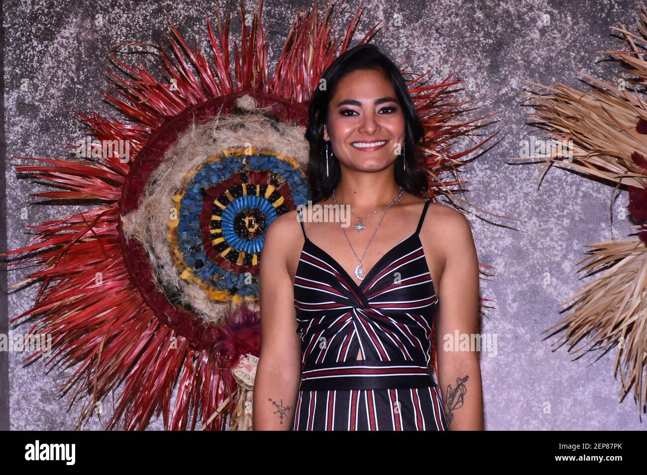 MEXICO CITY, MEXICO - NOVEMBER 13: Mitzi Mabel Cadena starring as  Tecuelhuetzin poses for photos during a Photocall as part of the launch of  the new Tv Series 'Hernan' which will be