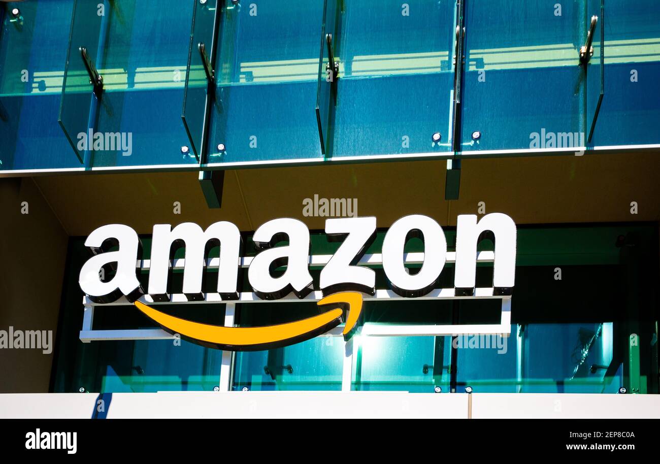 Palo Alto, CA, USA - February 24, 2021:Facade of Amazon Corporate Office, an American multinational technology company based in Seattle, Washington Stock Photo
