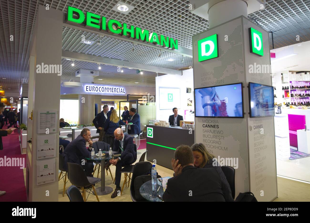 Cannes, France - November 14, 2019: MAPIC - The international retail property market. Trade Fair Atmosphere at Deichmann Booth, a MIDEM Event. Real Estate, Immobilien, MIPIM, Immobilier, des Festivals, Retailers,