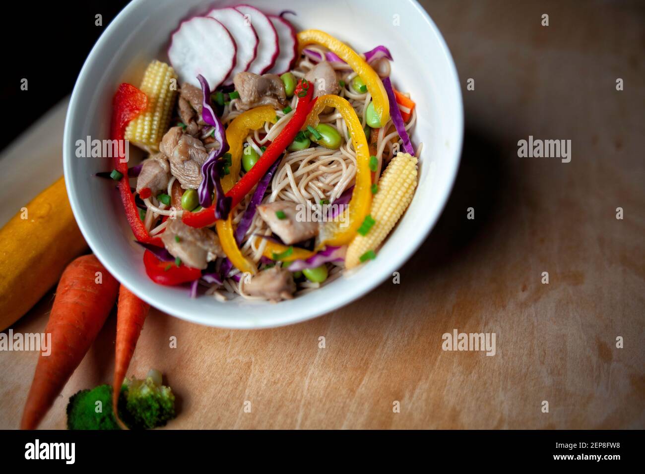 Plates of healthy, balanced Asian food. Stock Photo