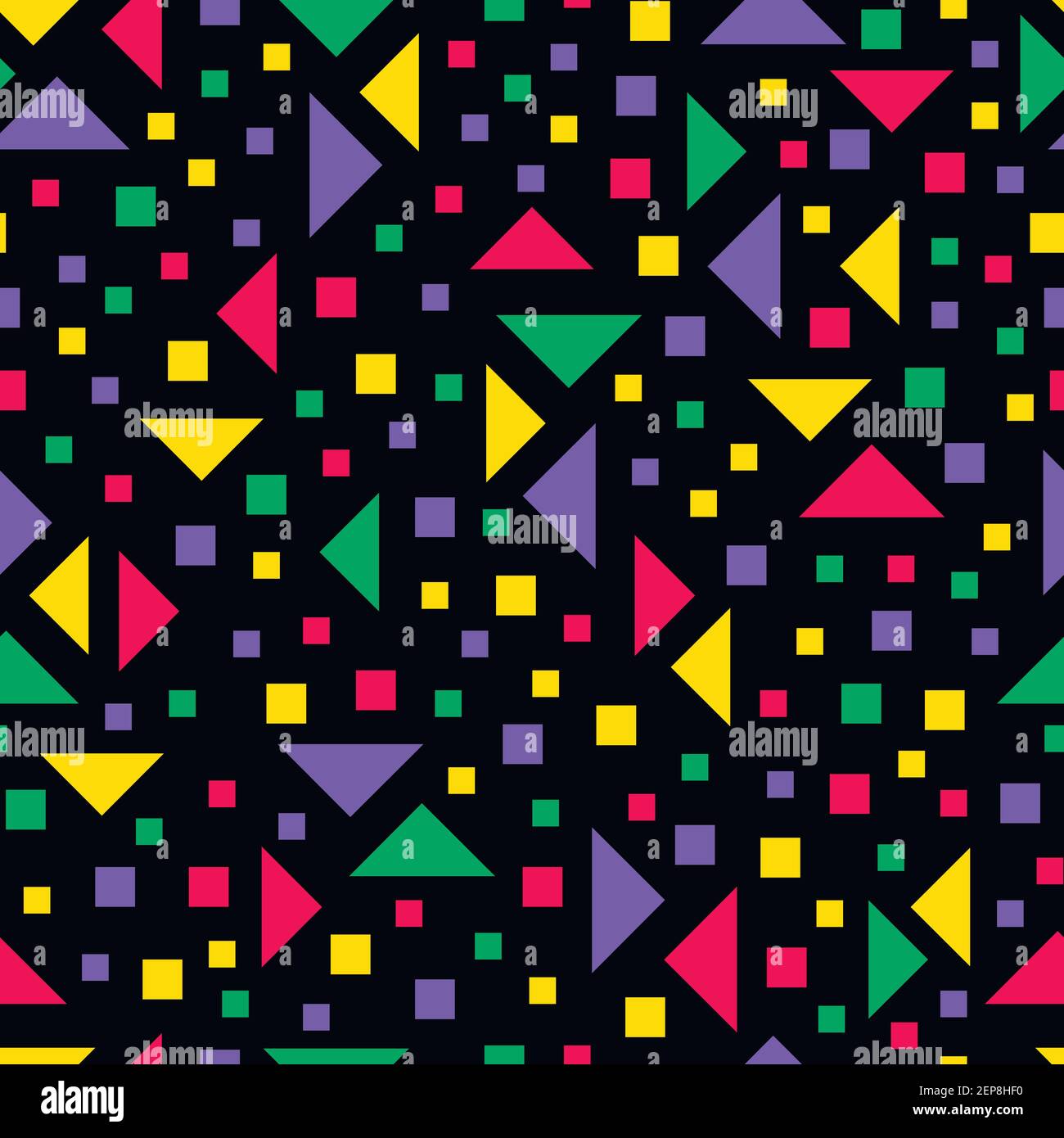 Memphis vector seamless pattern with geometric elements, on black background. Retro backdrop in hipster style. Stock Vector