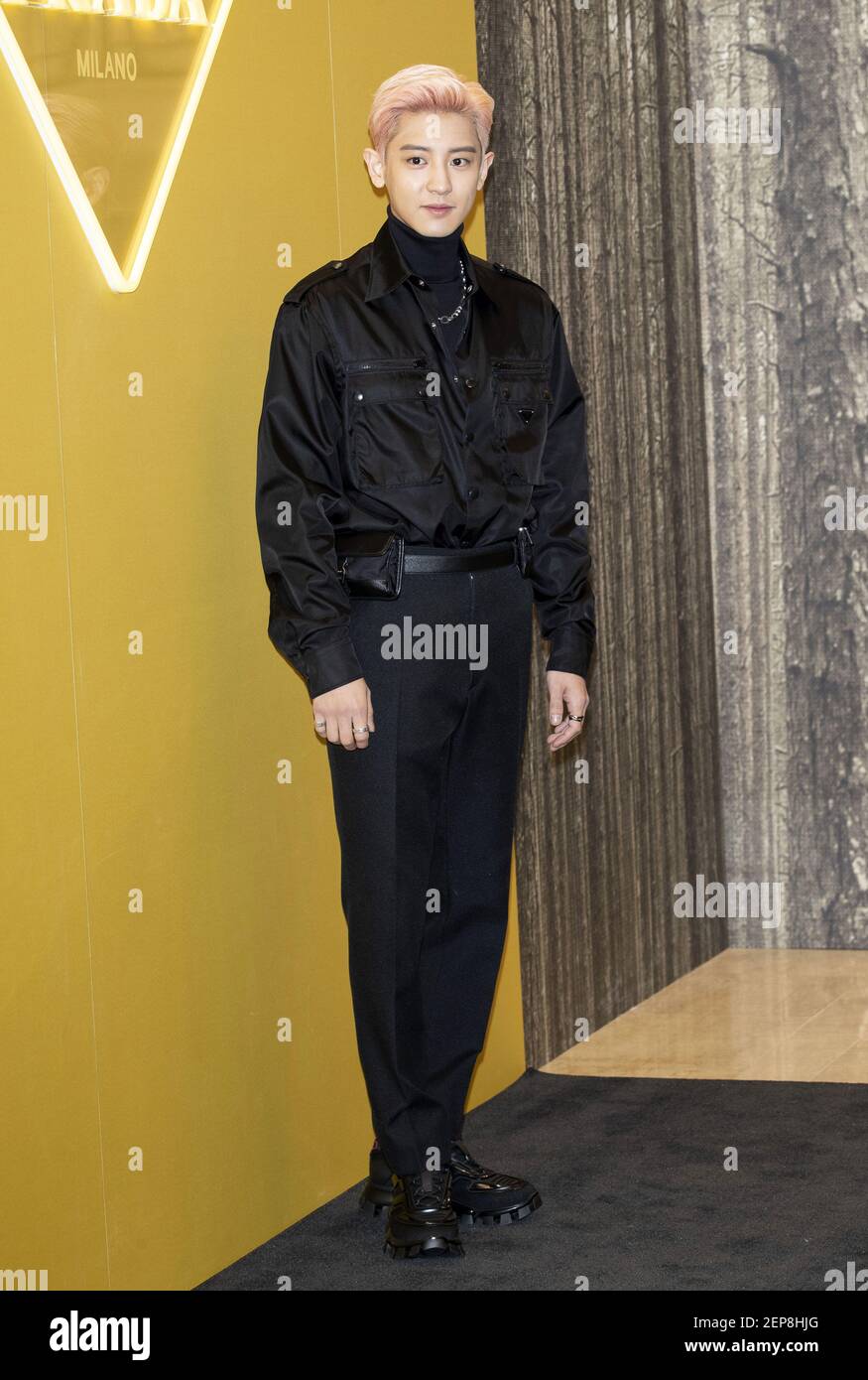 South Korean singer Chanyeol (original name: Park Chan-yeol), member of  K-Pop boy band EXO, attends a photo call for the Prada Escape Pop-up Store  Opening event at Shinsegae Department Store in Seoul,