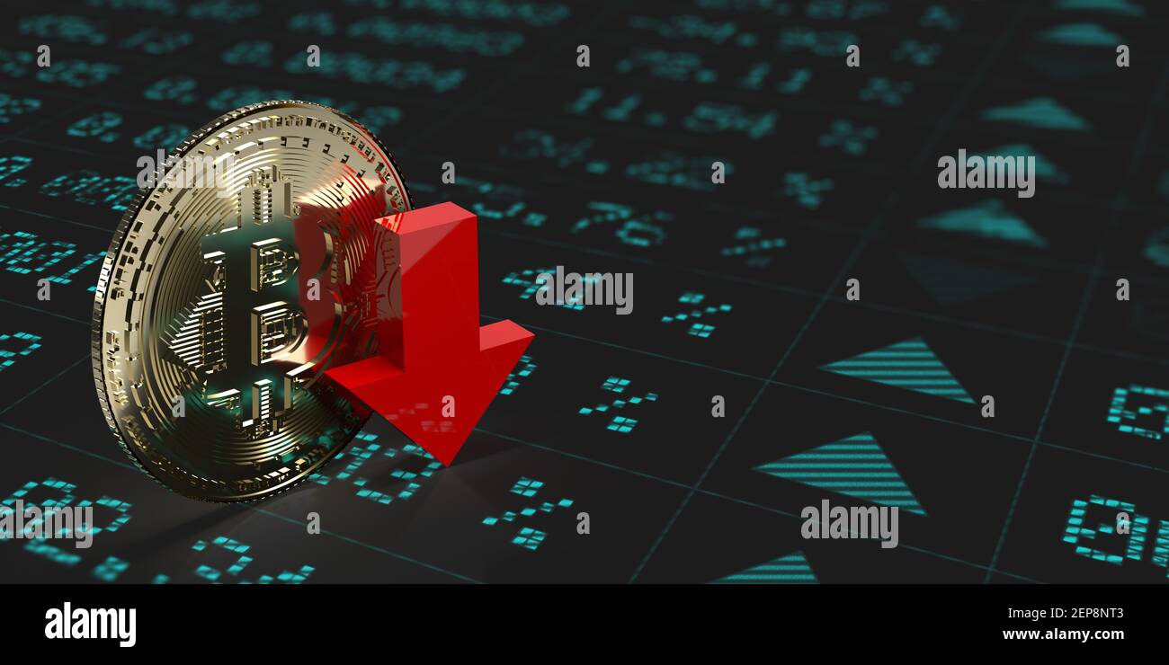 3D exchange value. global stock market concept: Red falling arrow pointing  down. Crypto currency, Bitcoin or BTC symbol in front of financial data  Stock Photo - Alamy