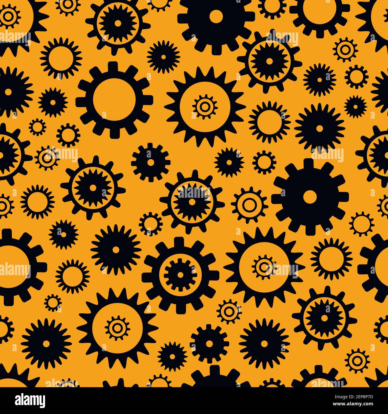 Cogwheel seamless pattern, black color elements on orange background. Flat grunge background. Abstract techno vector pattern. Texture with different g Stock Vector