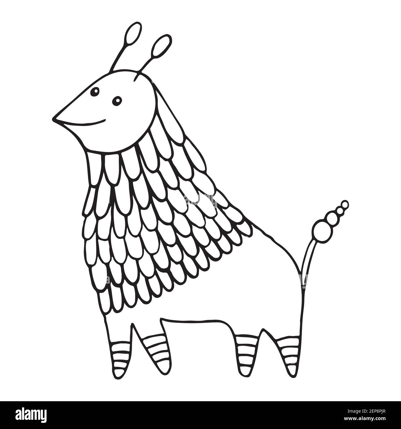 Fantasy animal character decorative coloring page children and adult page. Funny doodle cartoon creature. Vector hand drawn cute alien personge illust Stock Vector